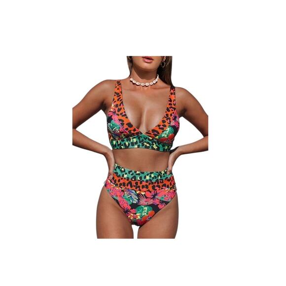 NWT Women's Leopard Bikini Swimsuits High Waisted 2 Piece Bathing Suits Medium - Picture 1 of 10